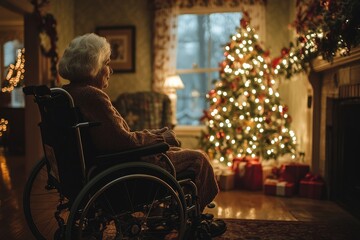 Senior woman in a wheelchair receiving a health visit at home during the Christmas season, emphasizing the care and support elderly individuals receive during the holidays, Generative AI