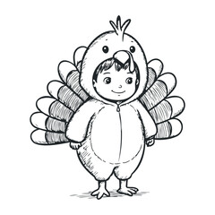 Obraz premium Cute child in bird costume sketch with feathered wings and smiling expression. Vector illustration