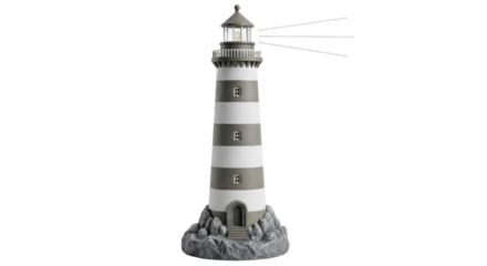 Isolated Lighthouse with Light Beams on Rocky Coast