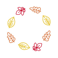 Round autumn frame made of hand-drawn leaves and mushrooms in red, yellow and orange tones on a white background. vector for greeting cards, invitations, backgrounds, posters and seasonal designs.