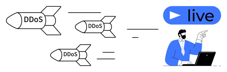 Missiles labeled DDoS aiming at a live streaming service where a man operates a laptop. Ideal for cybersecurity, DDoS, online safety, hacking, systems protection, live streaming vulnerability, simple
