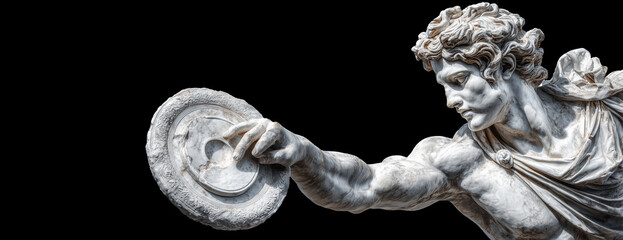 Close-up of an ancient discobolus or discus thrower marble statue isolated on black background with copy space. Classical Greek sculpture depicts a young male athlete throwing a discus. Generative Ai.