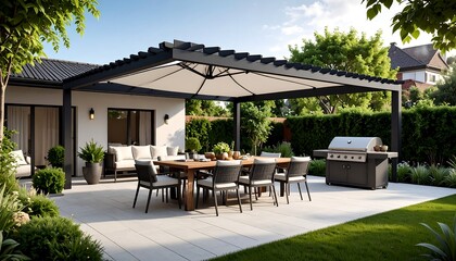 Obraz premium Modern outdoor patio dining area with pergola
