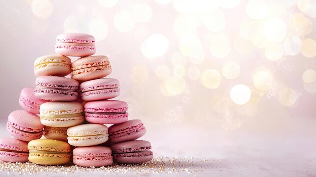 A neat pyramid of colorful macarons on a soft off-white background, gentle fairy-light bokeh, wide horizontal composition with large blank copy space on the right, clean studio lighting, ultra-sharp