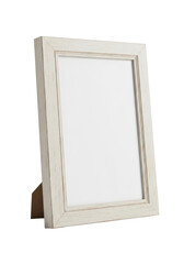 Empty, rectangular, vintage photo frame with off-white distressed border, scuffs, and aged paper texture, featuring a transparent interior, isolated on a transparent background with copy space.