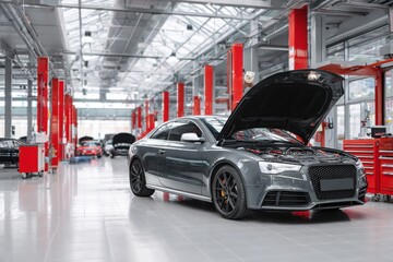 Car repair shop, a gray car with an open hood on the right side of an automotive workshop in a modern style with red pillars, cars standing at their stations for servicing. The background is blurred.
