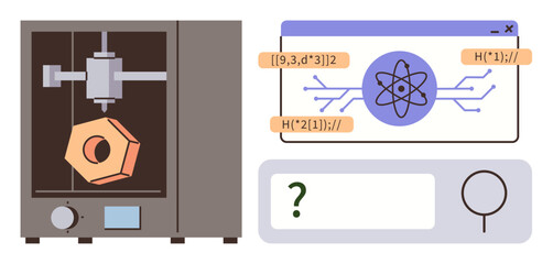 3D printer crafting a hexagonal part beside a screen with atomic diagram, coding strings, and magnifying tool. Ideal for technology, AI, research, engineering, design, data analysis simple landing