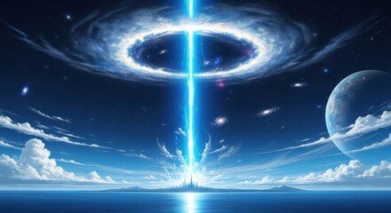 Epic cosmic beam pierces through celestial clouds over a futuristic city reflected in calm waters