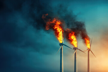 Fototapeta premium Wind turbines engulfed in flames against dramatic sky, highlighting contrast between renewable energy and unexpected disaster