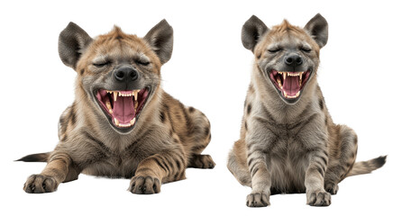 Obraz premium Two Laughing Spotted Hyenas with Open Mouths and Teeth Isolated on Transparent Background