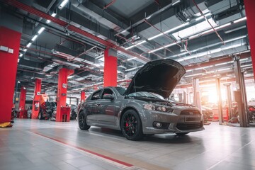Car repair shop, a gray car with an open hood on the right side of an automotive workshop in a modern style with red pillars, cars standing at their stations for servicing. The background is blurred.