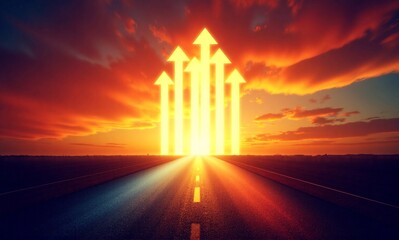 Ascending arrows pierce a dramatic sunset, symbolizing progress and a journey towards success on an open road.
