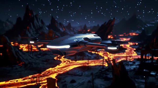 Futuristic Vehicle Hovering Over Lava River Alien Landscape Under Starry Night