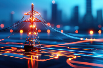 Futuristic energy grid with glowing lines and power tower in cityscape, showcasing advanced technology