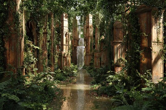 Lush overgrown jungle city.  Ancient, decaying structures line a flooded street.  A waterfall cascades in the center.  Sunlight filters through the dense foliage