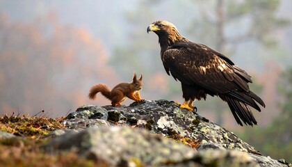Majestic eagle and squirrel on a rock