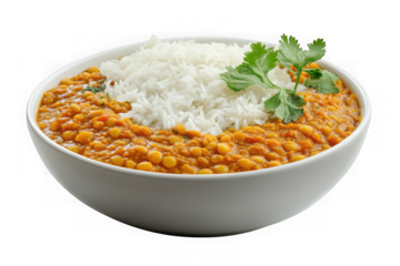 Delicious dal makhani with rice in white bowl, indian cuisine, lentil curry, traditional dish, food photography, isolated on transparent background