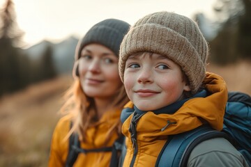 Portrait of a happy young man with Down syndrome hiking with his mother in nature, reflecting the joy of outdoor exploration and family time, Generative AI