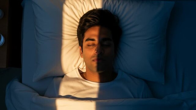 Bedroom Split by Light and Shadow &ndash; South Asian Man Awake at Dawn, Divided by Sunlight