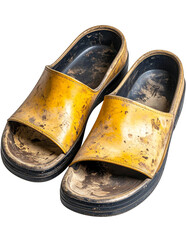 Pair of worn-out rubber slippers with foot imprints, isolated on a transparent background