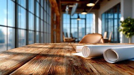 A sunlit minimalist office environment featuring a wooden table with blueprints, creating an inspiring space for creativity and productivity in a contemporary setting.