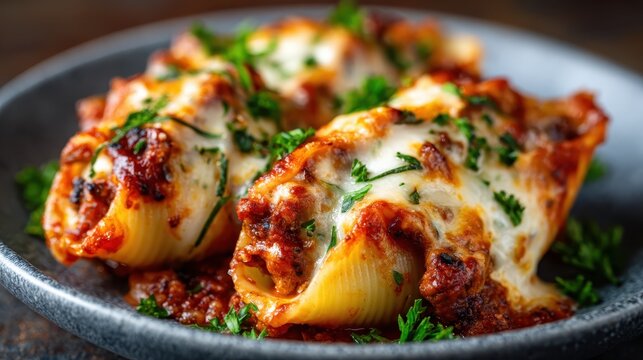 A close-up of delicious stuffed pasta shells topped with rich meat sauce and fresh herbs, presenting an appetizing dish perfect for hearty meals and family dinners.