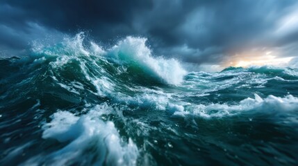 A stunning display of powerful ocean waves crashing against each other under a dramatic sky filled with dark clouds, evoking feelings of awe and respect for nature's force.