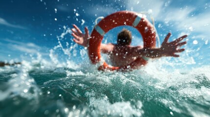 A dramatic scene of a person reaching for a lifebuoy while splashing through ocean waves. This image captures urgency, motion, and the thrill of water activities.