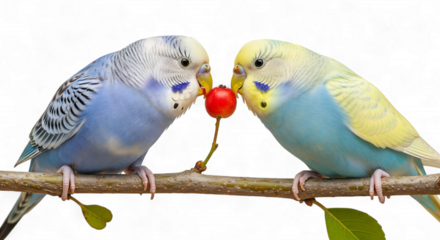 Two cute budgerigars sharing a red berry on a branch, isolated on transparent background