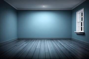 Empty teal room at night with hardwood floor and window