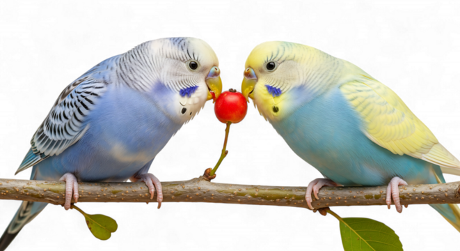Two cute budgerigars sharing a red berry on a branch, isolated on transparent background
