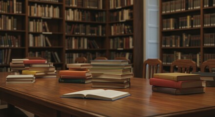 Stacks of books on a table in a library with shelves filled with books in the background