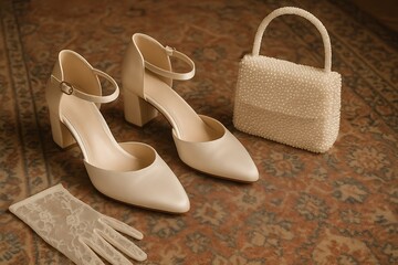 Stylish white heels, lace gloves, and a pearl handbag on a vintage rug