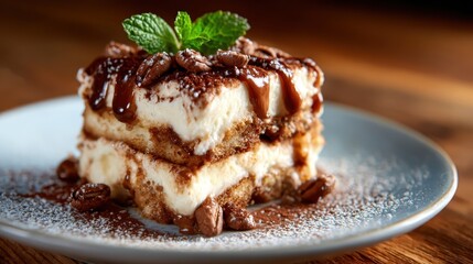 An elegant tiramisu dessert presented on a rustic table, showcasing layers of coffee-soaked cake and creamy mascarpone, inviting indulgence for dessert enthusiasts.