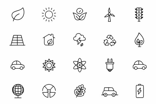 A versatile icon bundle celebrating eco-friendly energy with solar at the center. Perfect for environmental reports, sustainability apps, and educational content