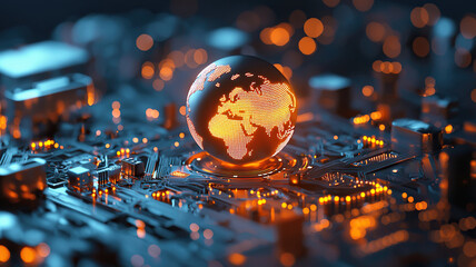 Glowing digital globe on circuit board symbolizes global connectivity and technology. vibrant orange lights create futuristic atmosphere