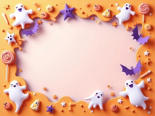 Cute paper cut Halloween background with ghosts and candy