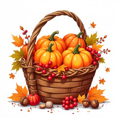 
Brown basket with autumn goodies pumpkins, autumn leaves and berries
