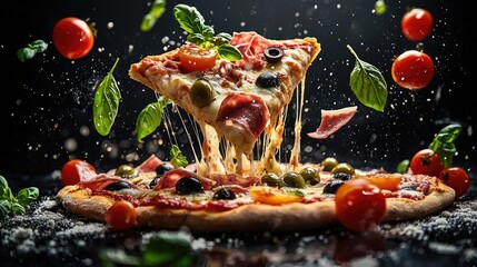 A vibrant and dynamic scene featuring a pizza with a thin, crispy crust topped with melted cheese and fresh ingredients. Juicy tomatoes, basil, olives, 