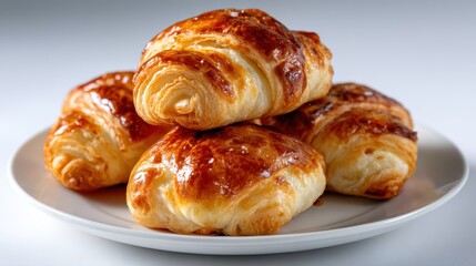 A delicious assortment of golden-brown croissants beautifully arranged on a white plate, showcasing the irresistible appeal of freshly baked pastry delights.