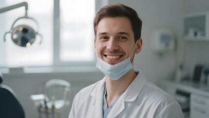 Smiling healthcare professional in a medical setting wearing a mask and lab coat.
