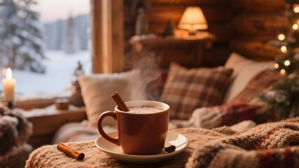 Steaming Hot Beverage in a Cozy Cabin with Winter Scenery