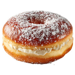 Delicious cream-filled donut topped with powdered sugar, perfect for dessert or a sweet treat.