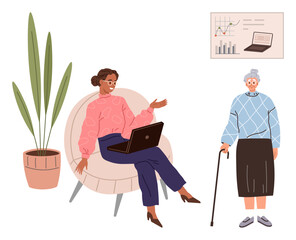 Woman seated with laptop speaking to senior woman with cane near chart and plant. Ideal for communication, mentorship, technology, connection, healthcare, remote work, and education. Simple flat