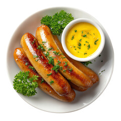 Delicious grilled sausages served with mustard and garnished with fresh parsley for a flavorful meal.