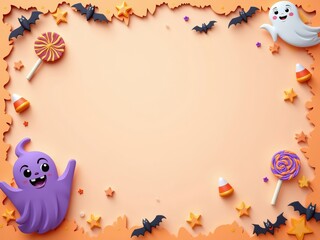 Flat paper design of Halloween candy and bats on pastel tone