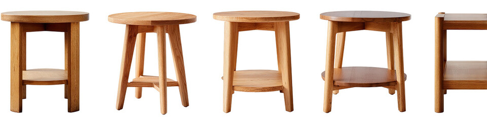 Four light brown wooden stools