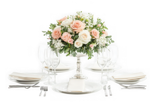 Elegant wedding table setting with floral centerpiece, plates, glasses, and silverware for event decor and design isolated on transparent background
