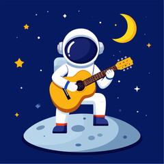 An astronaut serenades the cosmos with an acoustic guitar while kneeling on the moon under the crescent moon and stars in this charming cartoon illustration.