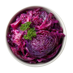 Freshly prepared purple cabbage salad garnished with parsley in a clean white bowl.